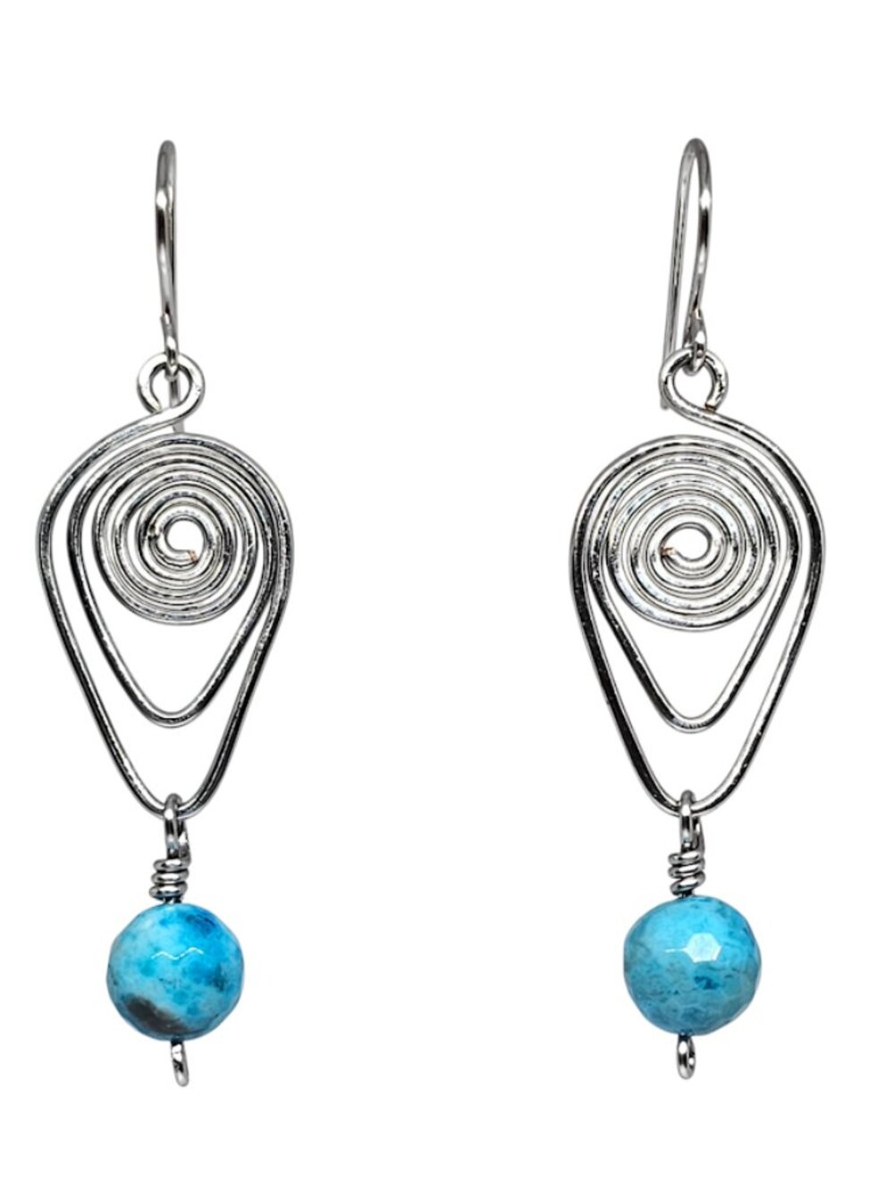 Handmade Larimar Blue Crazy Lace Agate Gemstones Silver Spiral Boho Earrings